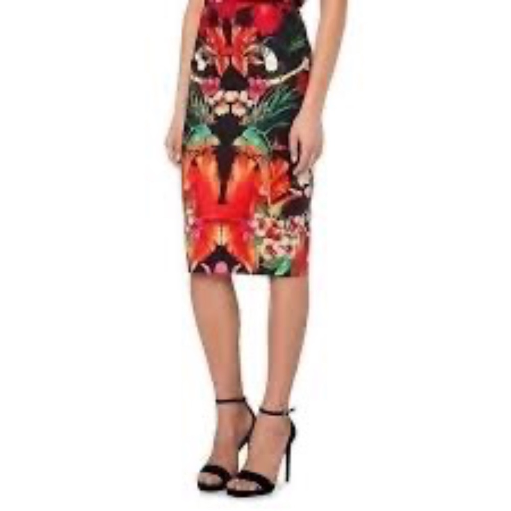 Ted Baker London Women's Black Floral Toucan Pencil Skirt Sz 2/US 6